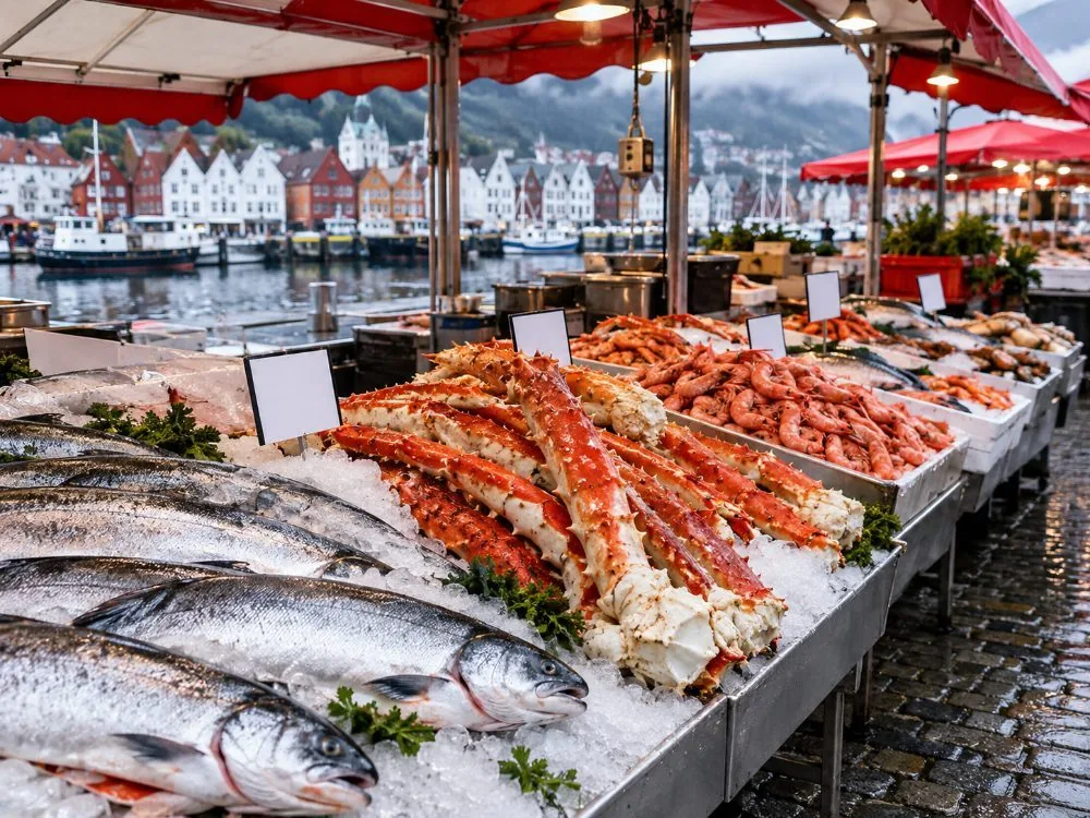 Open-air stalls at Bergen's fish market under red and white awnings, with whole salmon, split king crab legs and trays of prawns laid out on crushed ice.