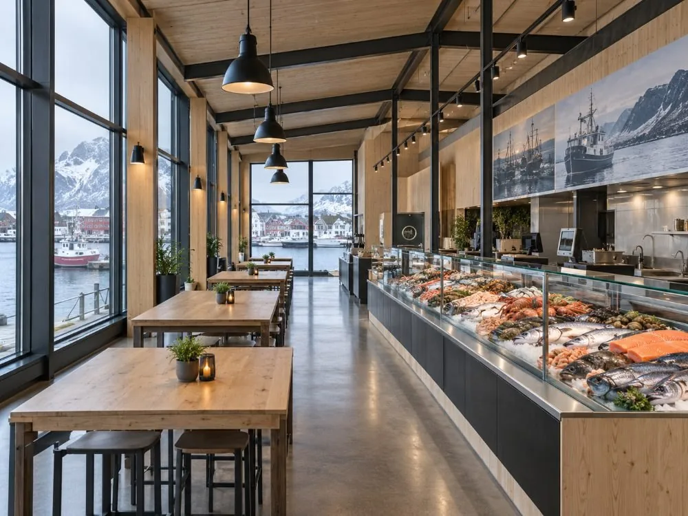 Inside Mathallen at the fish market: a glass-fronted seafood counter along one wall, wooden tables in the middle, and daylight coming through the tall windows.