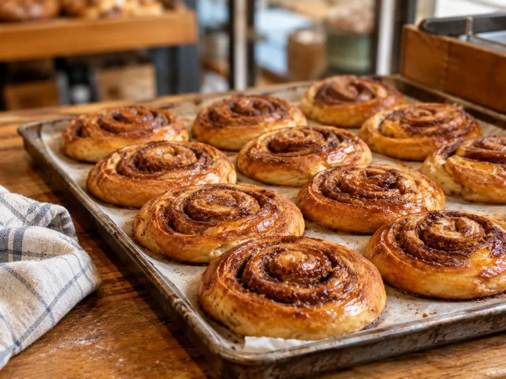 A tray of freshly baked skillingsboller cooling on a bakery counter, the cinnamon spiral dark at the centre of each bun and the sugar still glossy on top.