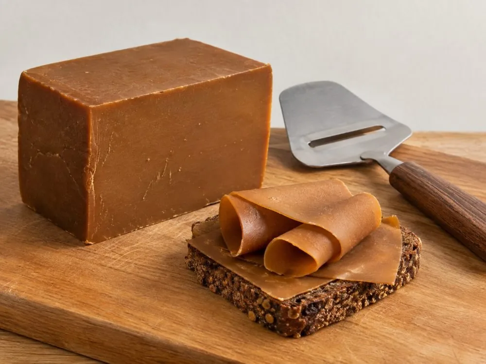 A block of brown cheese on a wooden board with a Norwegian cheese slicer beside it, and three thin caramel-coloured slices curled over a piece of bread.