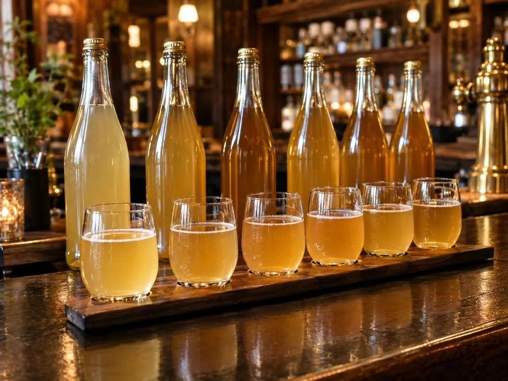 A row of tasting glasses of Hardanger cider lined up along a bar counter, pale gold and faintly cloudy, with the bottles they were poured from standing behind.