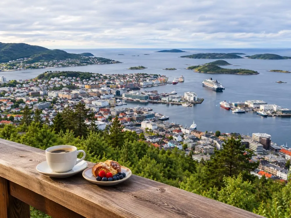 The view from the terrace at the top of Mount Floyen: coffee and a plate on the rail in the foreground, and Bergen's roofs, harbour and islands spread out below.